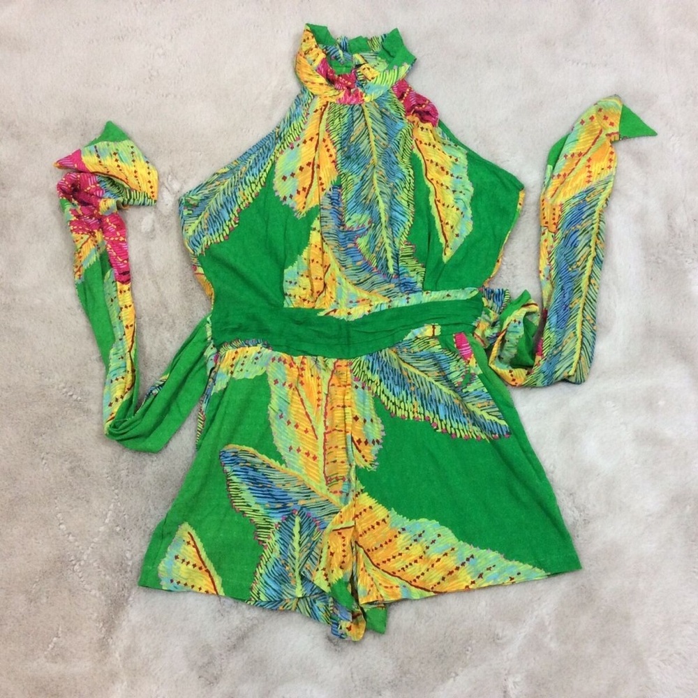 Cynthia Rowley Halter Romper Womens XS Green Multi Tie Back Tropical Resortwear